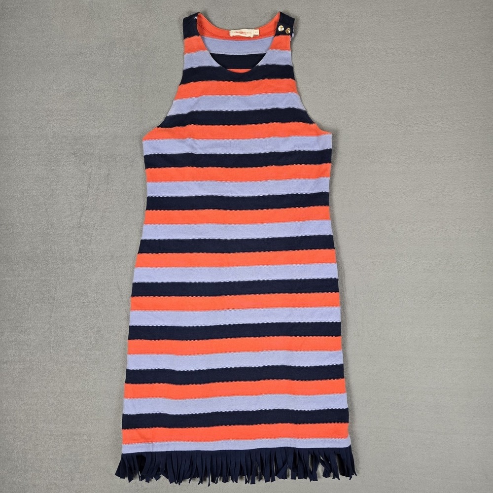 Tory Burch Ariana Dress Womens Medium Orange Blue Striped Sleeveless Fringe